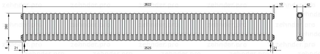 Схема (чертеж) Радиатор Zehnder Charleston 2026/57 №3570 Белый глянцевый RAL 9016
